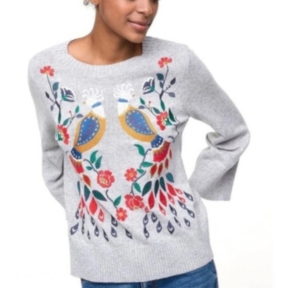 LOFT Sweaters - Loft Embroidered Floral Bird PEACOCKS Art deco Sweater Wool Blend L bell sleeves
